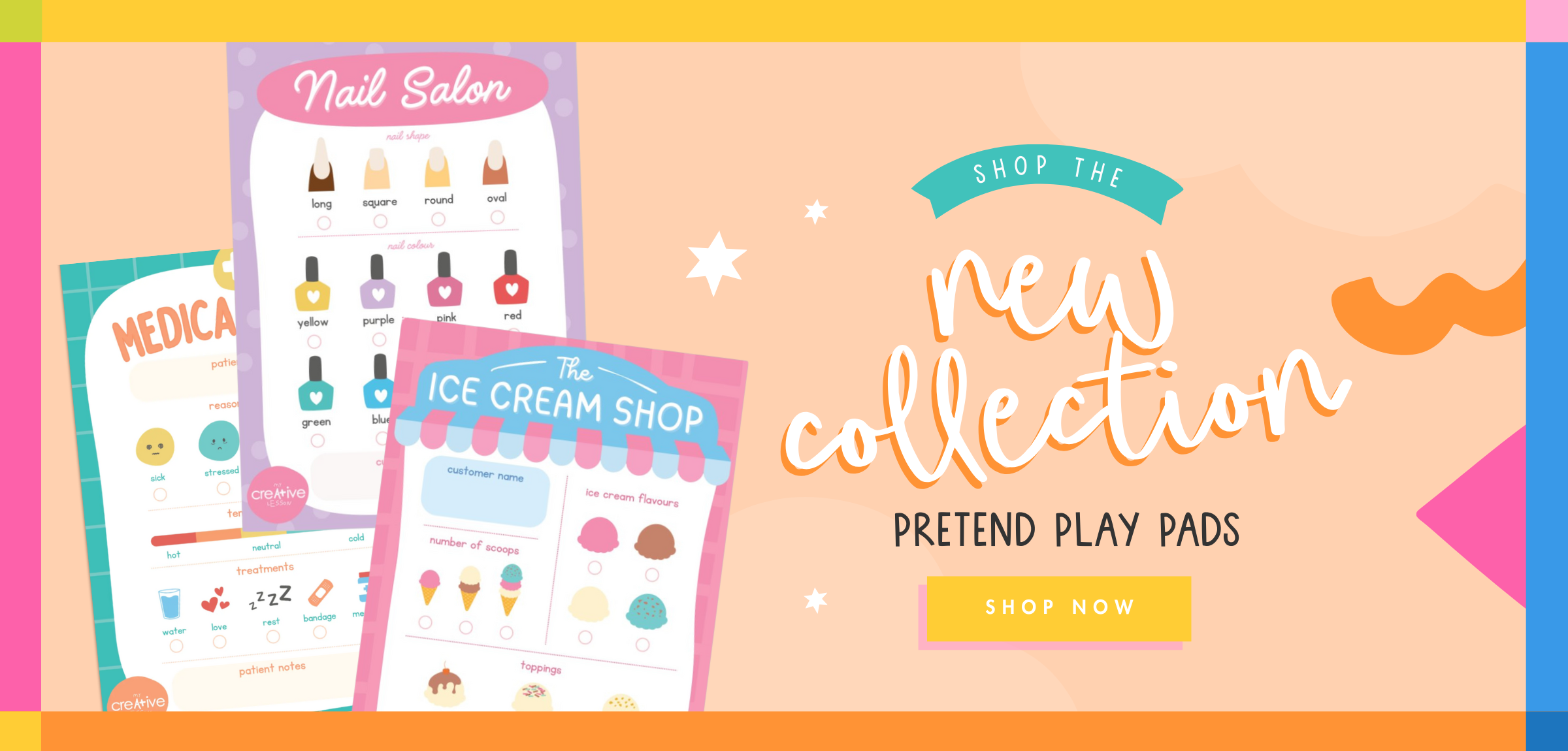 Promotional banner for pretend play pads with colorful designs and text on a peach background.