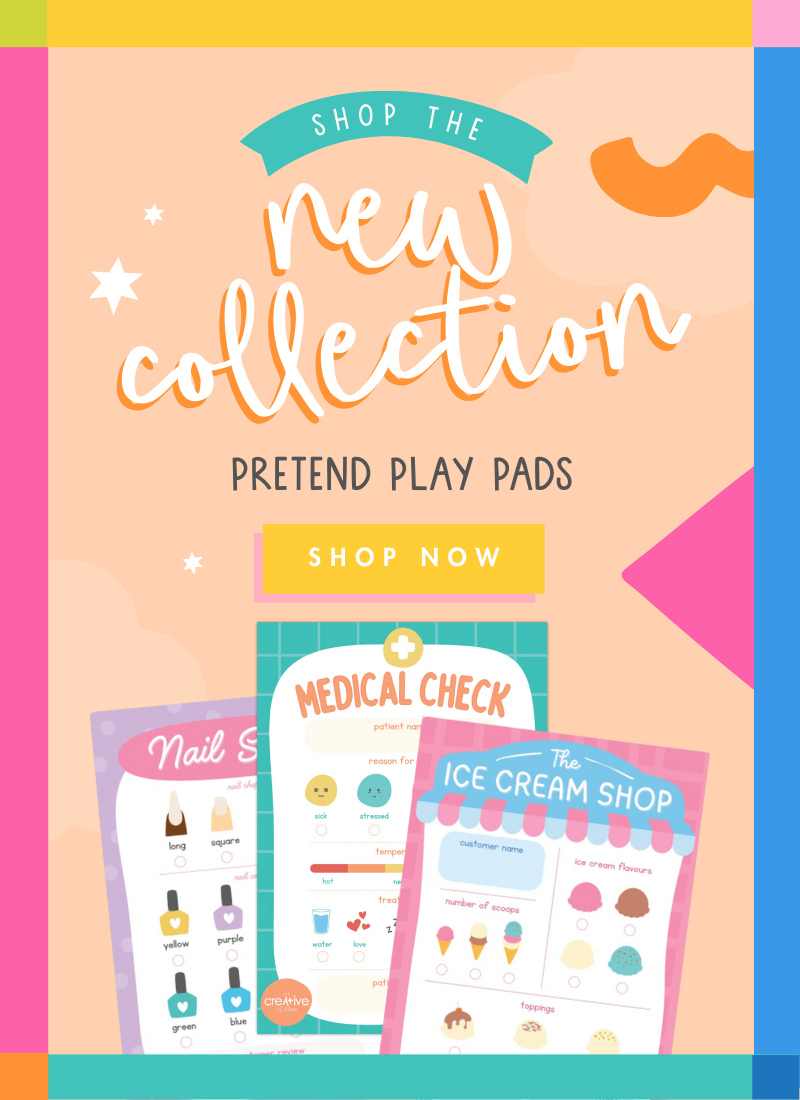 Promotional graphic for pretend play pads with colorful design and text.